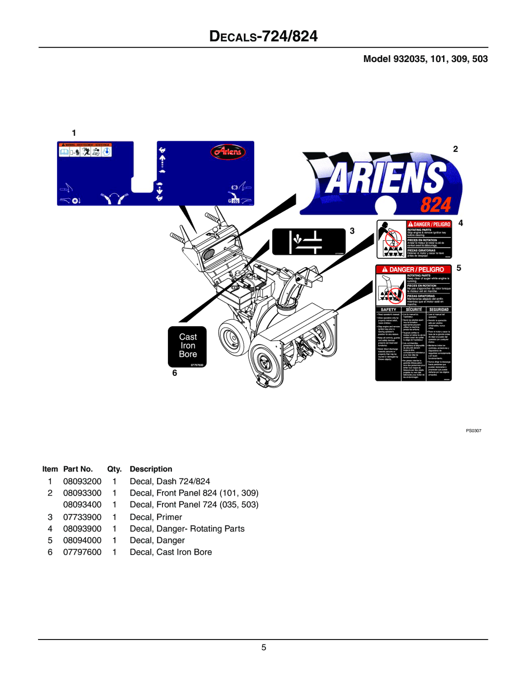 Ariens 932102 - 520, 932101 - 824, 932309 - 824, 932035 - 724, 932503 - 724 manual DECALS-724/824, Model 932035, 101, 309 