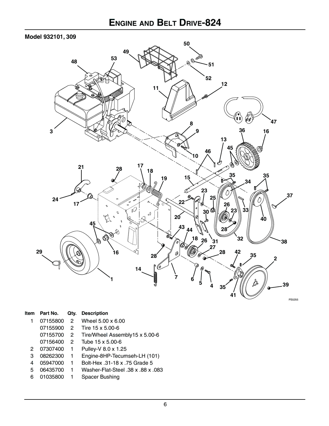 Ariens 932310 - 624, 932101 - 824, 932309 - 824, 932035 - 724, 932503 - 724 manual Engine and Belt DRIVE-824, Model 932101 