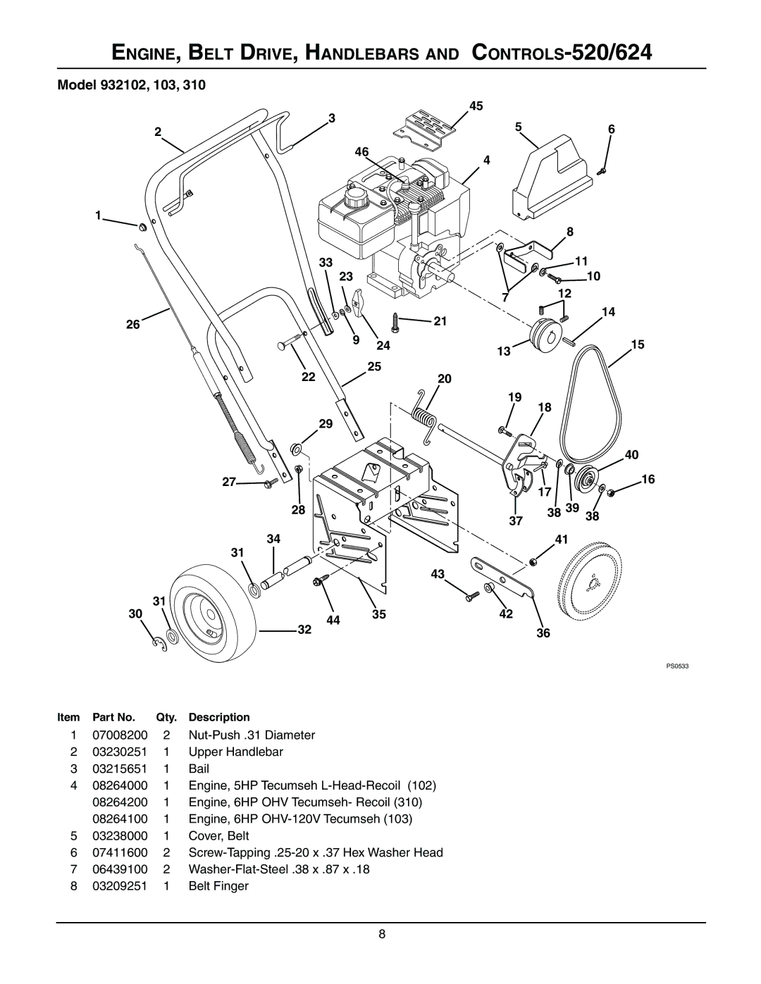 Ariens 932309 - 824, 932101 - 824, 932035 - 724 manual ENGINE, Belt DRIVE, Handlebars and CONTROLS-520/624, Model 932102, 103 