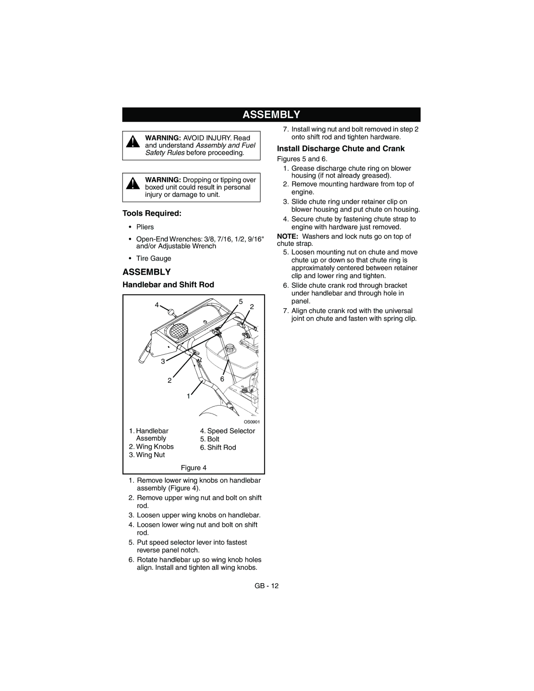 Ariens 932101 - 824, 932309 - 824 Assembly, Tools Required, Handlebar and Shift Rod, Install Discharge Chute and Crank 