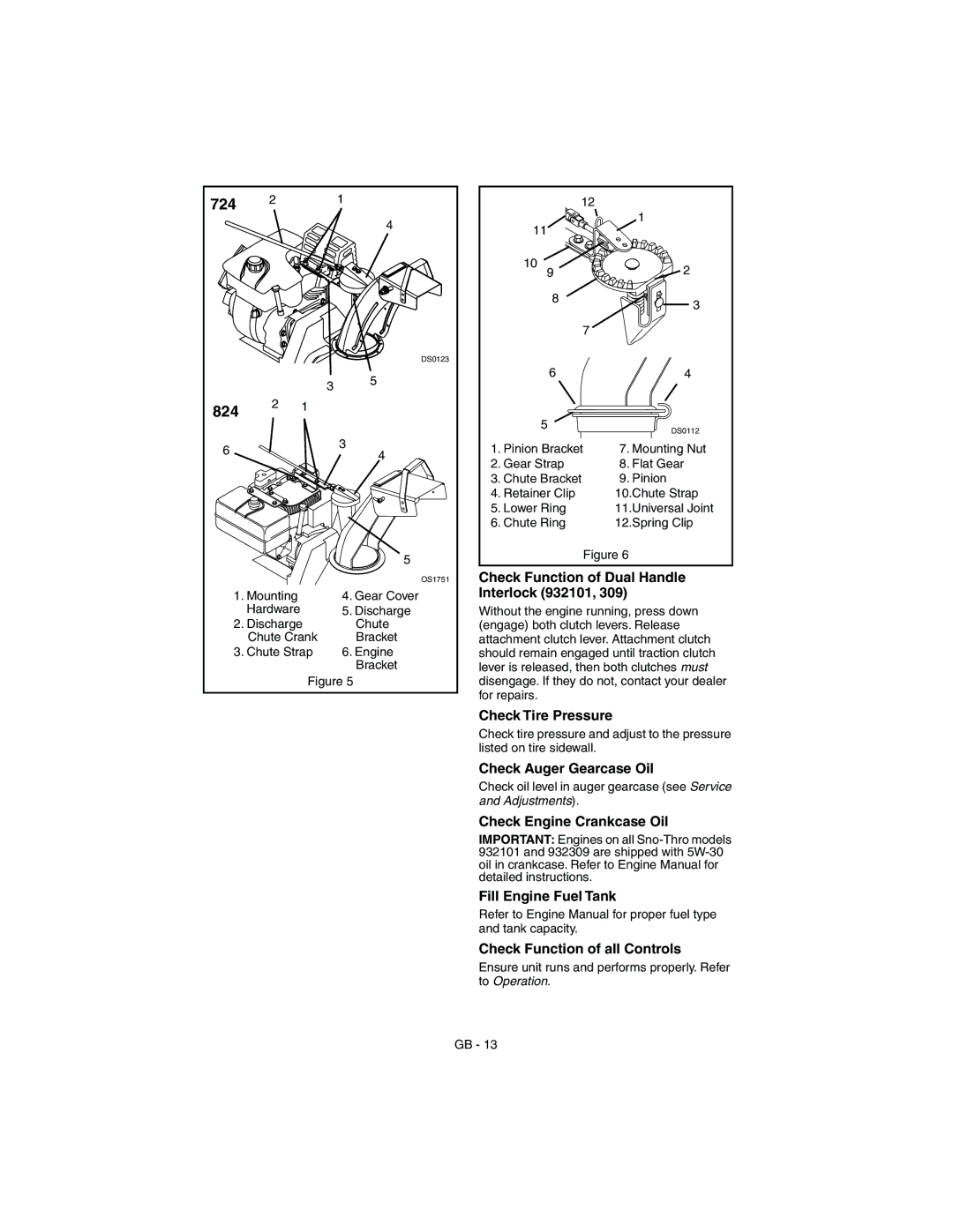 Ariens 932309 - 824 manual Check Function of Dual Handle Interlock 932101, Check Tire Pressure, Check Auger Gearcase Oil 