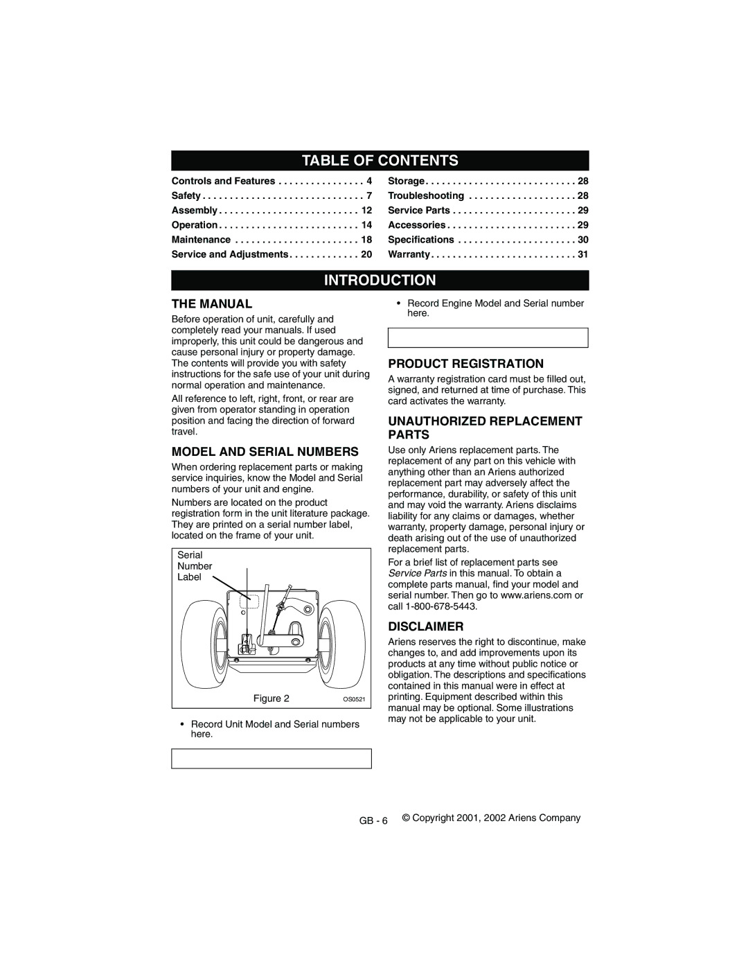 Ariens 932035 - 724, 932101 - 824, 932309 - 824, 932503 - 724 manual Table of Contents, Introduction 