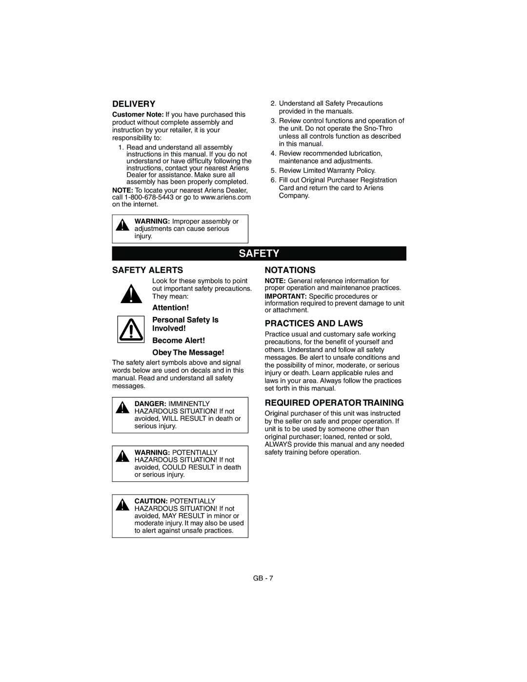 Ariens 932503 - 724, 932101 - 824 Delivery, Safety Alerts Notations, Practices and Laws, Required Operator Training 