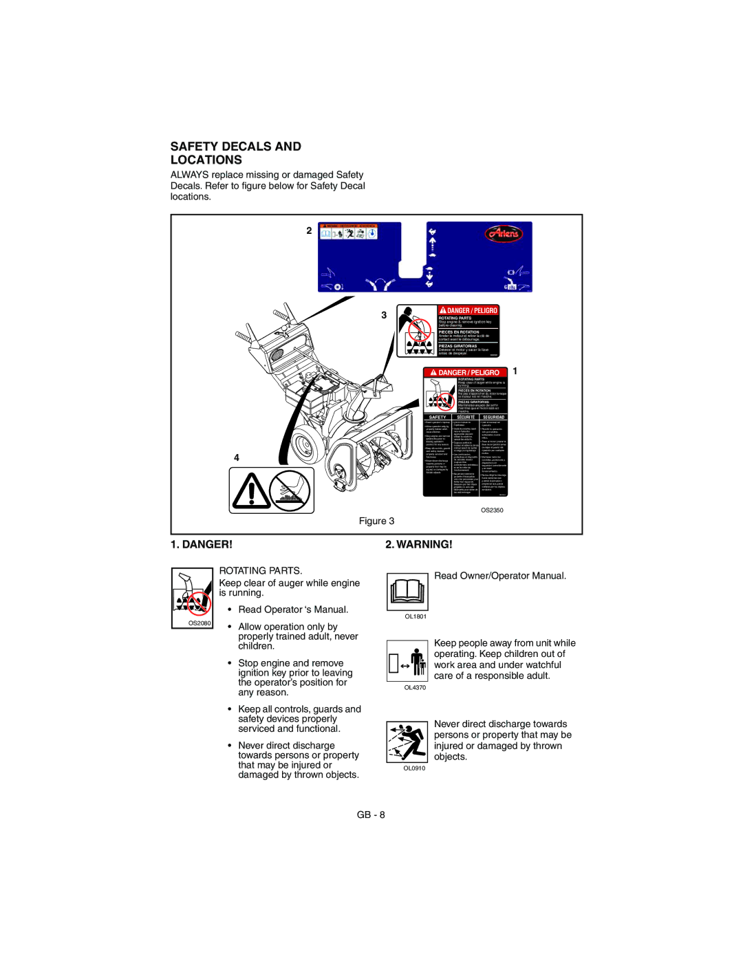 Ariens 932101 - 824, 932309 - 824, 932035 - 724, 932503 - 724 manual Safety Decals Locations, Rotating Parts 