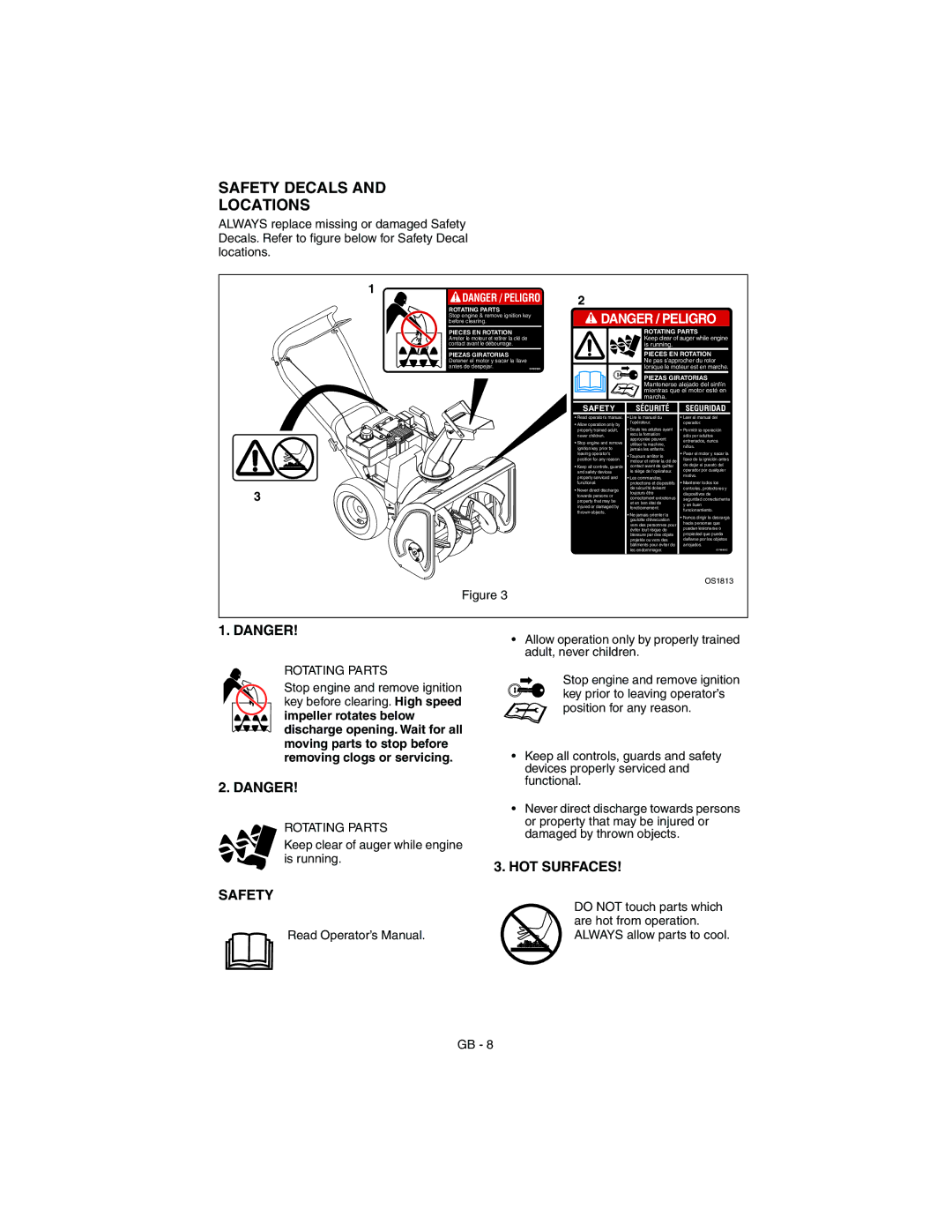 Ariens 932310 - 624, 932103 - 624, 932102 - 520 manual Safety Decals Locations, Safety Sécurité 