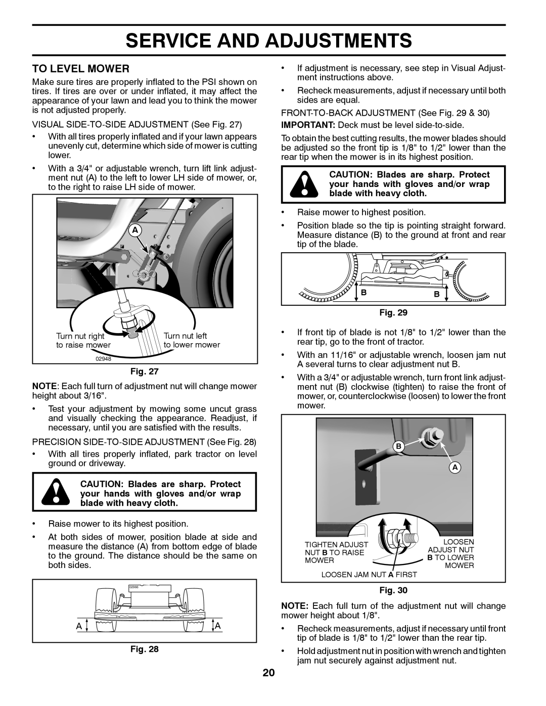 Ariens 935335 42 manual To Level Mower, Turn nut right Turn nut left To raise mower To lower mower 