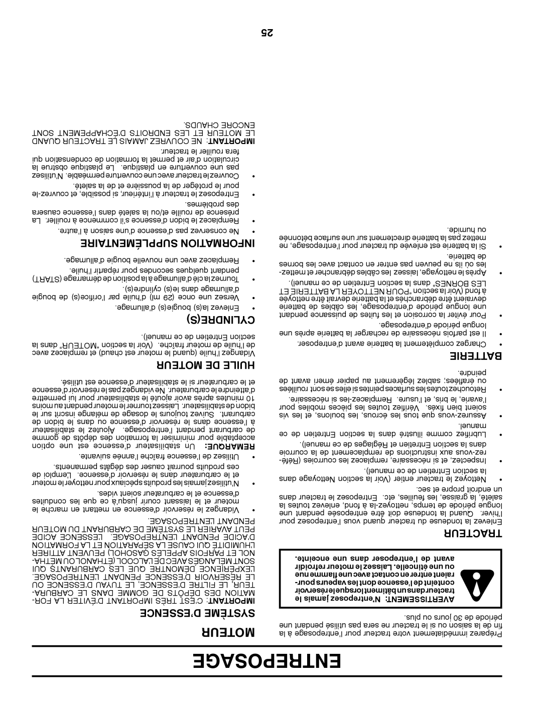 Ariens 935335 42 manual Entreposage 