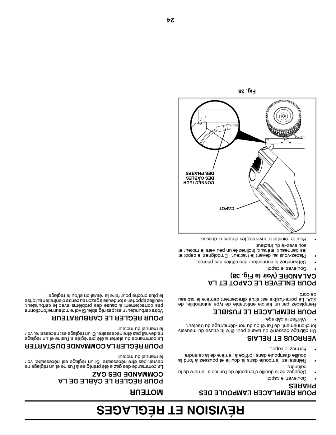 Ariens 935335 42 manual Réglages ET Révision, Moteur, Carburateur LE Régler Pour, Starter DU Commande LA Régler Pour 