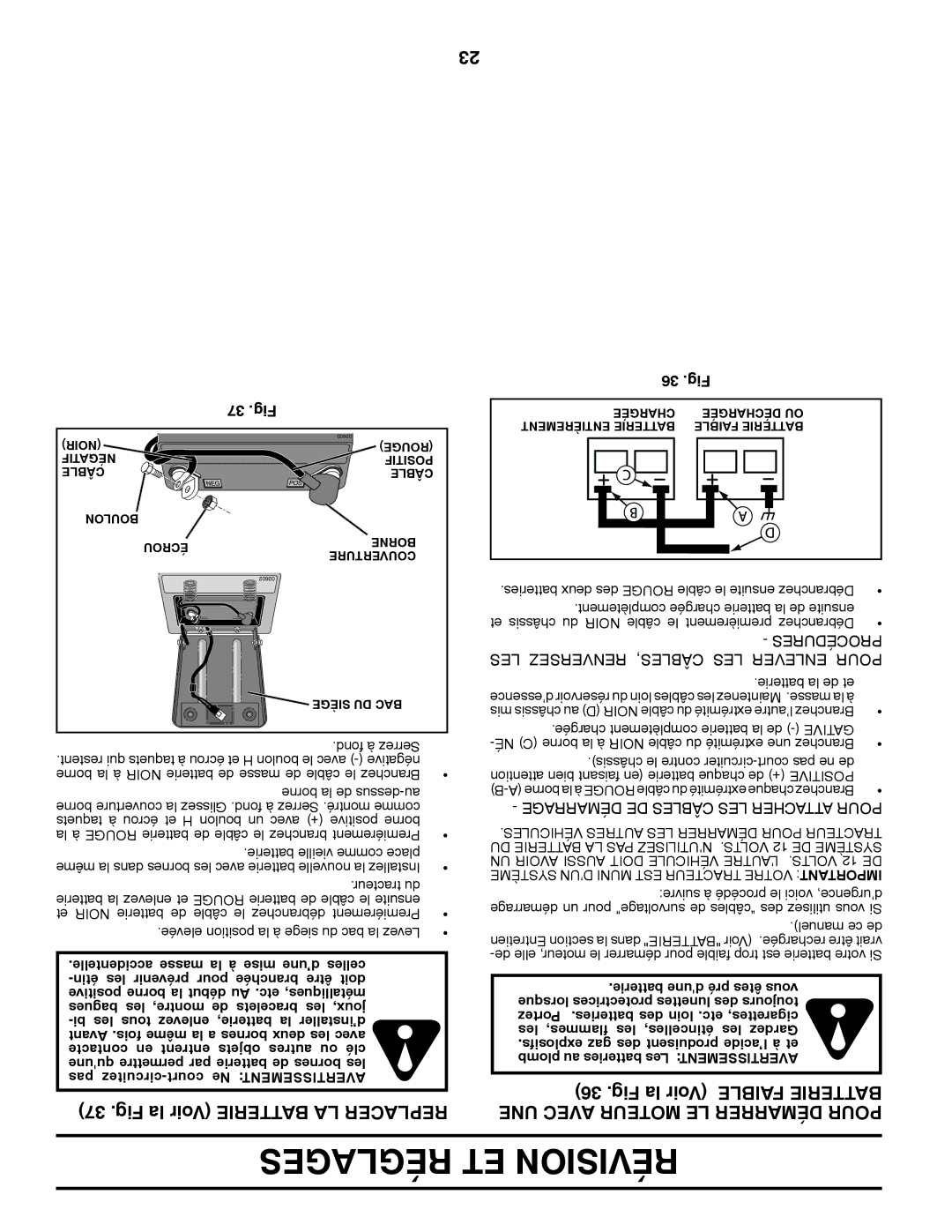 Ariens 935335 42 manual Fig la Voir Batterie LA Replacer, 37 .Fig, 36 .Fig 