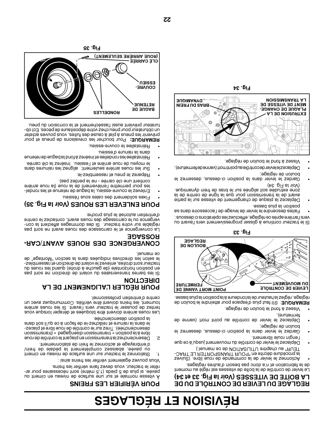 Ariens 935335 42 manual Rossage, AVANT/CAR Roues DES Convergence, Tionrecdi, LA DE L’ALIGNEMENT Régler Pour 