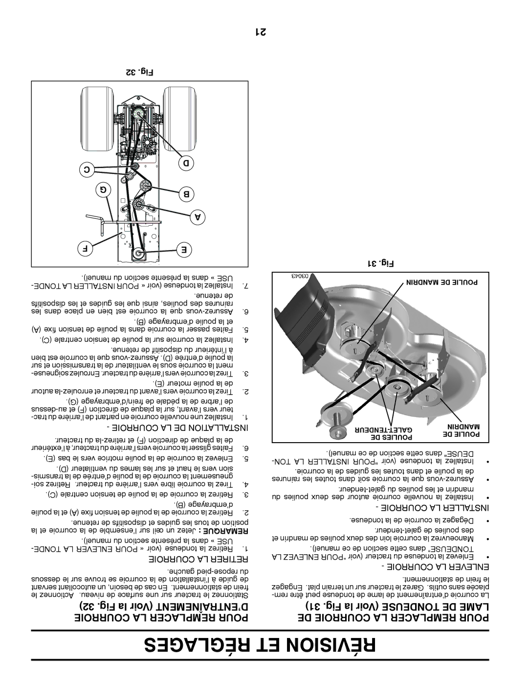Ariens 935335 42 manual Fig la Voir D’ENTRAÎNEMENT Courroie LA Remplacer Pour, 32 .Fig, 31 .Fig 