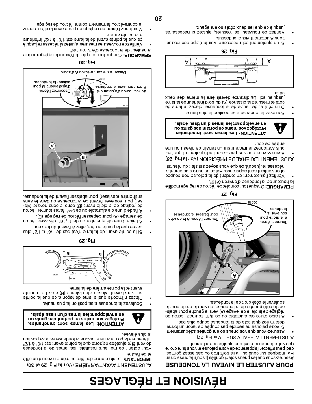 Ariens 935335 42 manual Tondeuse LA Niveau LE Ajuster Pour, 30 .Fig, 29 .Fig, 28 .Fig, 27 .Fig 