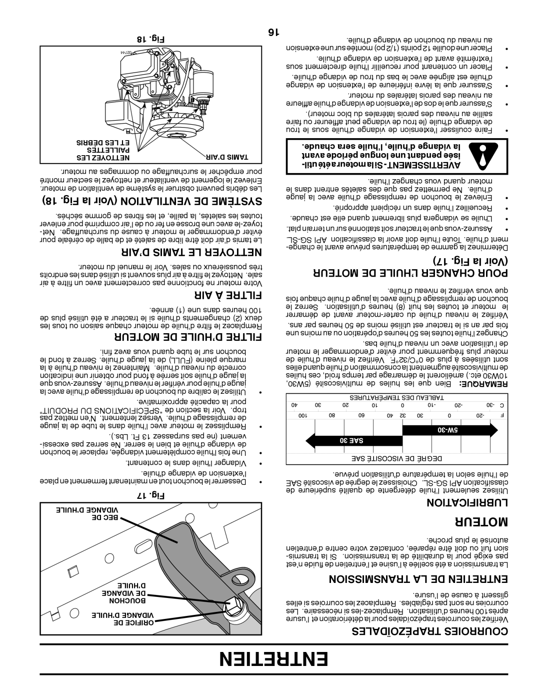 Ariens 935335 42 manual Fig la Voir Ventilation DE Système, ’AIR Tamis LE Nettoyer, AIR À Filtre, Moteur DE D’HUILE Filtre 