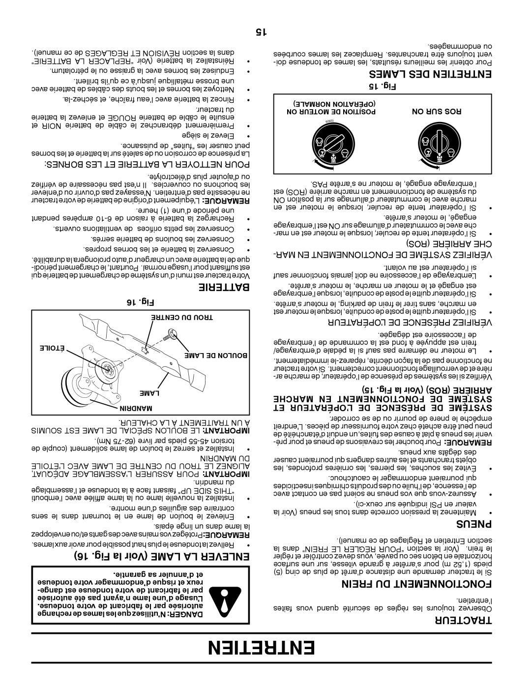 Ariens 935335 42 manual Fig la Voir Lame LA Enlever, Lames DES Entretien, Pneus, Frein DU Fonctionnement 