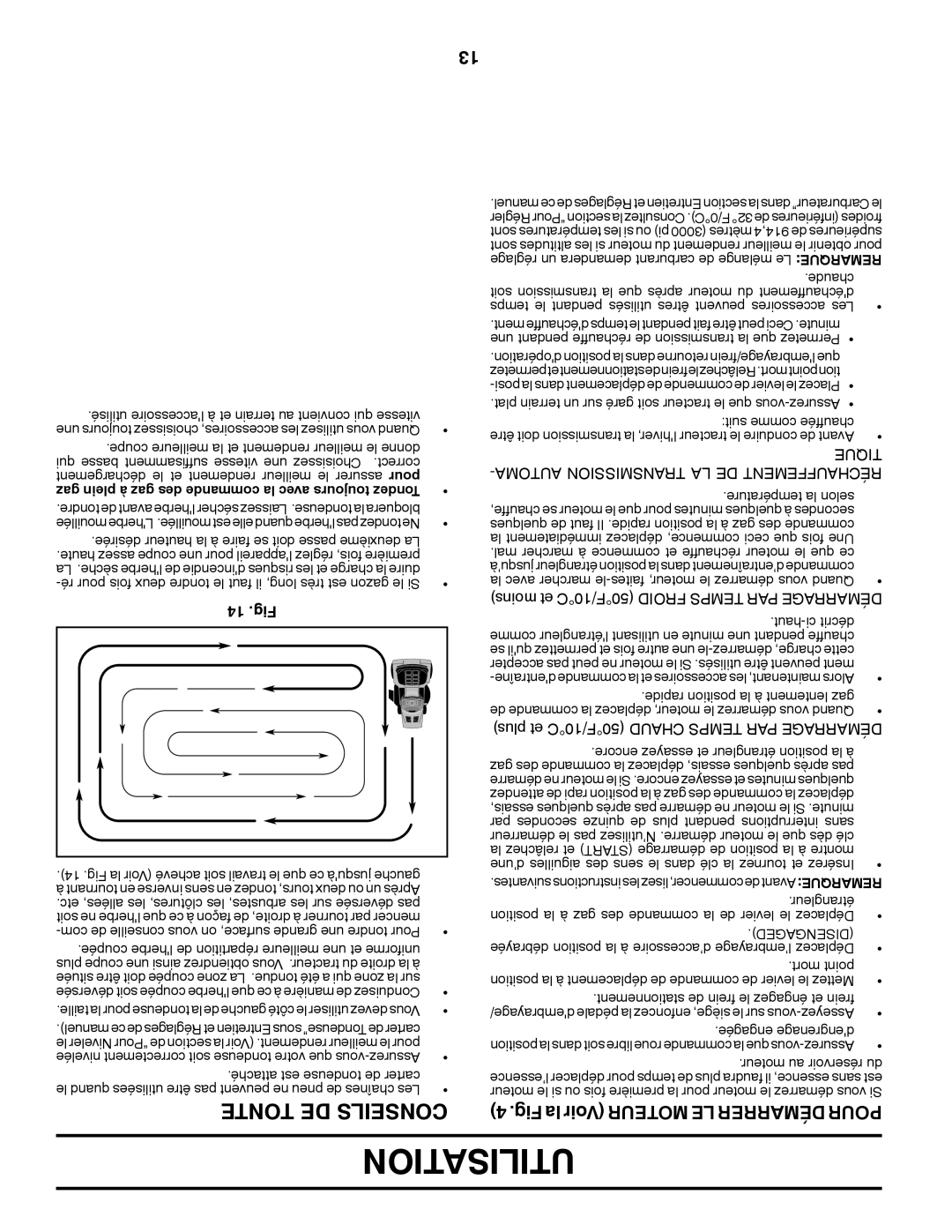 Ariens 935335 42 manual Utilisation, Queti, Maauto Transmission LA DE Réchauffement, 14 .Fig 