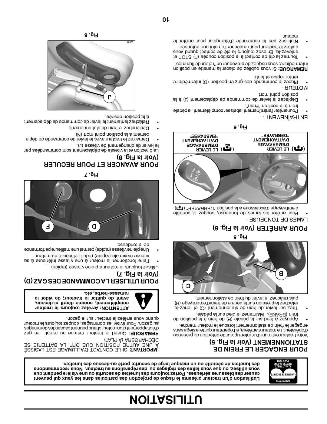 Ariens 935335 42 manual Fig la Voir Arrêter Pour, Fig la Voir Mentnetionsta DE Frein LE Engager Pour 