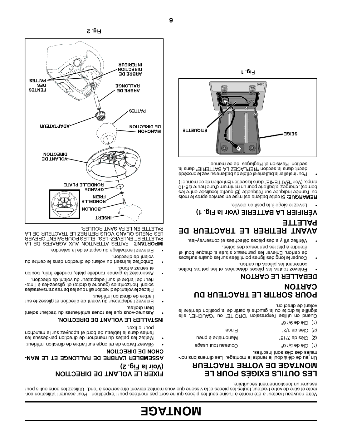 Ariens 935335 42 manual DE Tracteur LE Retirer Avant, Fig la Voir Batterie LA Vérifier, Tionrecdi DE Volant LE Fixer 