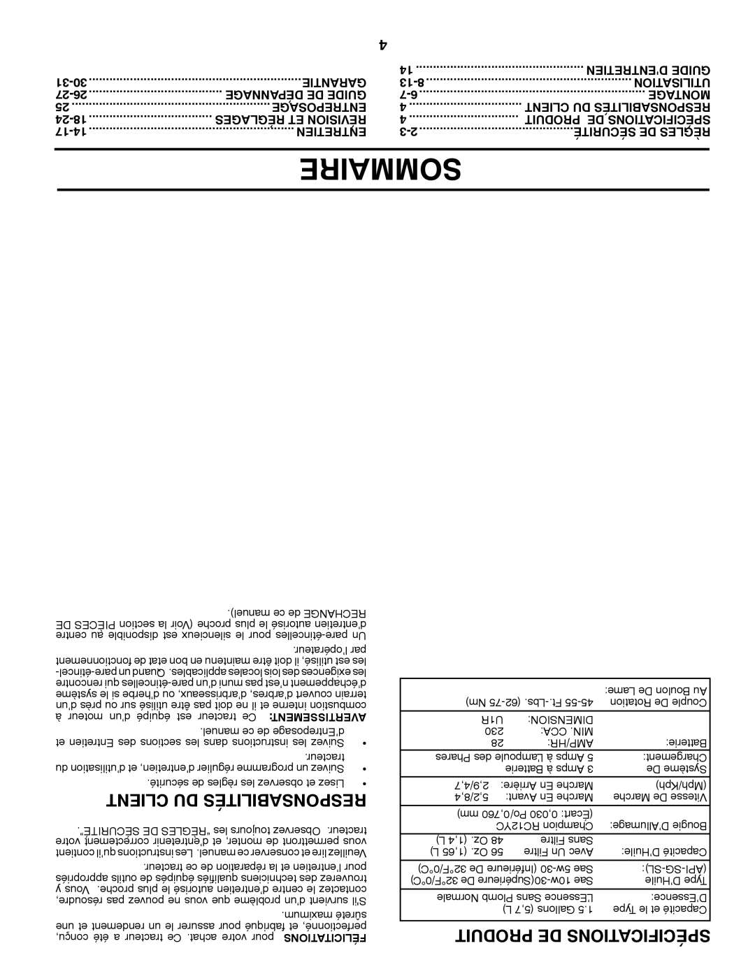 Ariens 935335 42 manual 31-30, 27-26 Dépannage DE Guide, 24-18 Réglages ET Révision, 17-14 