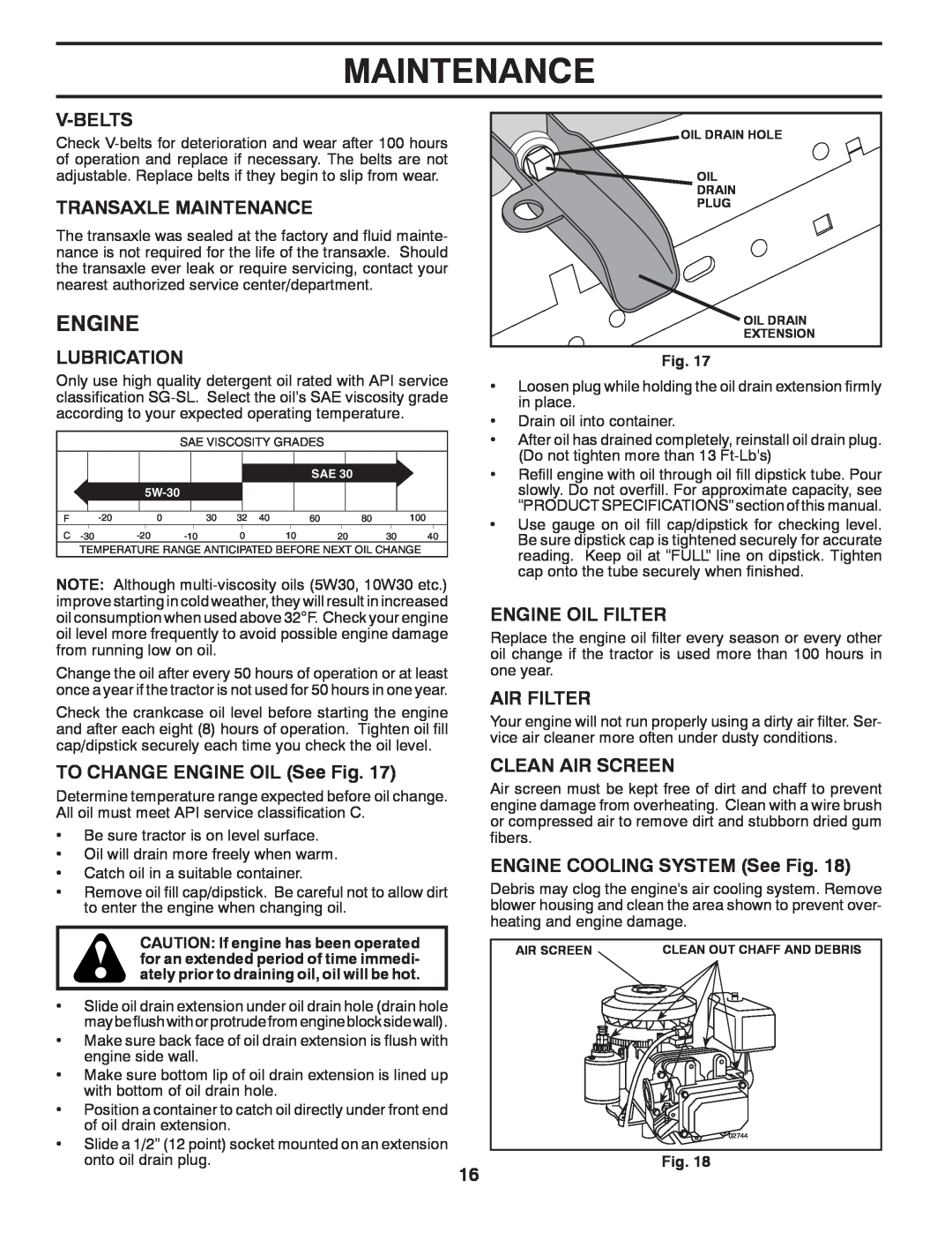 Ariens 935335 42 V-Belts, Transaxle Maintenance, Lubrication, TO CHANGE ENGINE OIL See Fig, Engine Oil Filter 