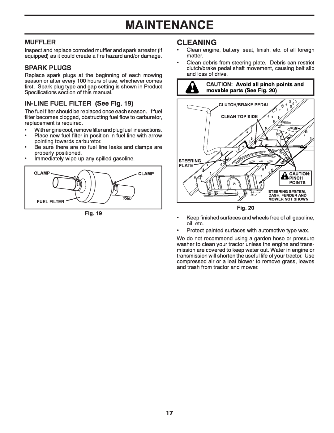 Ariens 935335 42 manual Cleaning, Maintenance, Muffler, Spark Plugs, IN-LINEFUEL FILTER See Fig 