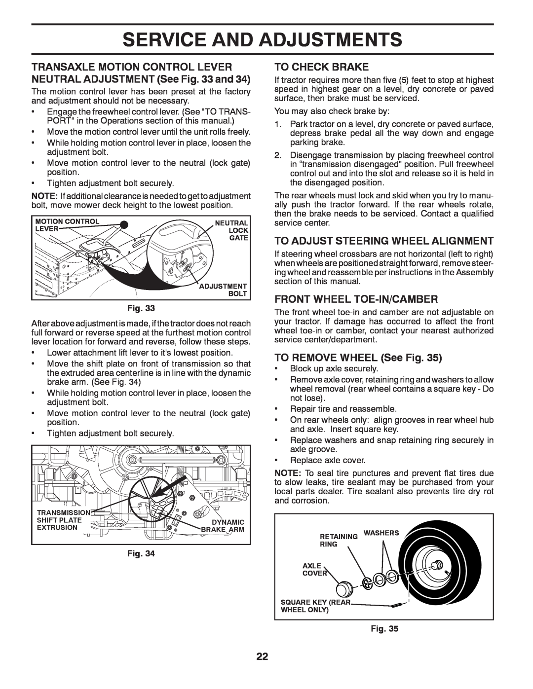 Ariens 935335 42 Service And Adjustments, To Check Brake, To Adjust Steering Wheel Alignment, Front Wheel Toe-In/Camber 