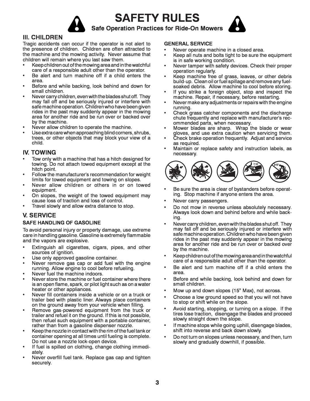 Ariens 935335 42 manual Safety Rules, Safe Operation Practices for Ride-OnMowers, Iii. Children, Iv. Towing, V. Service 