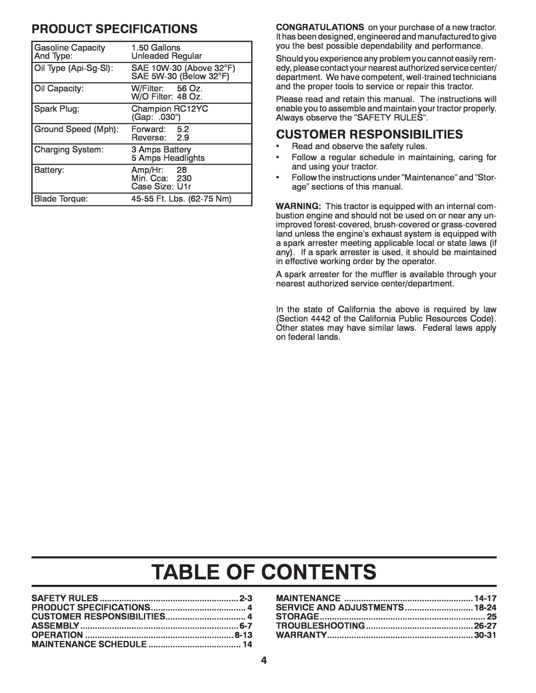Ariens 935335 42 Table Of Contents, Product Specifications, Customer Responsibilities, 8-13, 14-17, 18-24, 26-27, 30-31 