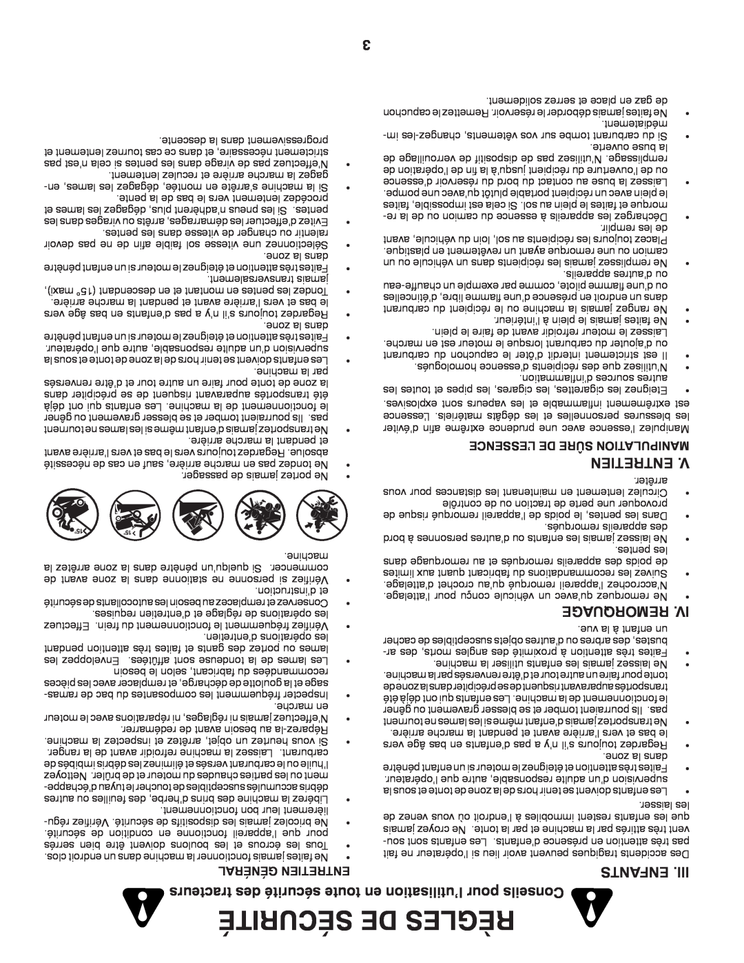 Ariens 935335 42 manual Sécurité De Règles, Enfants, Remorquage, L’Essence De Sûre Manipulation, Général Entretien 