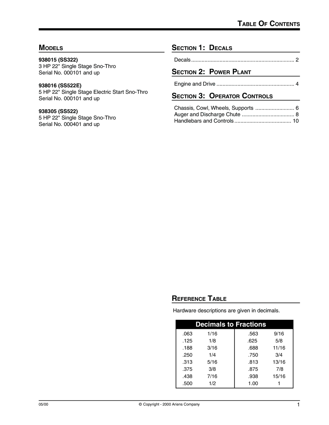 Ariens 938016 - 522, 938305 - 522, 938015 - 322 manual Decimals to Fractions 