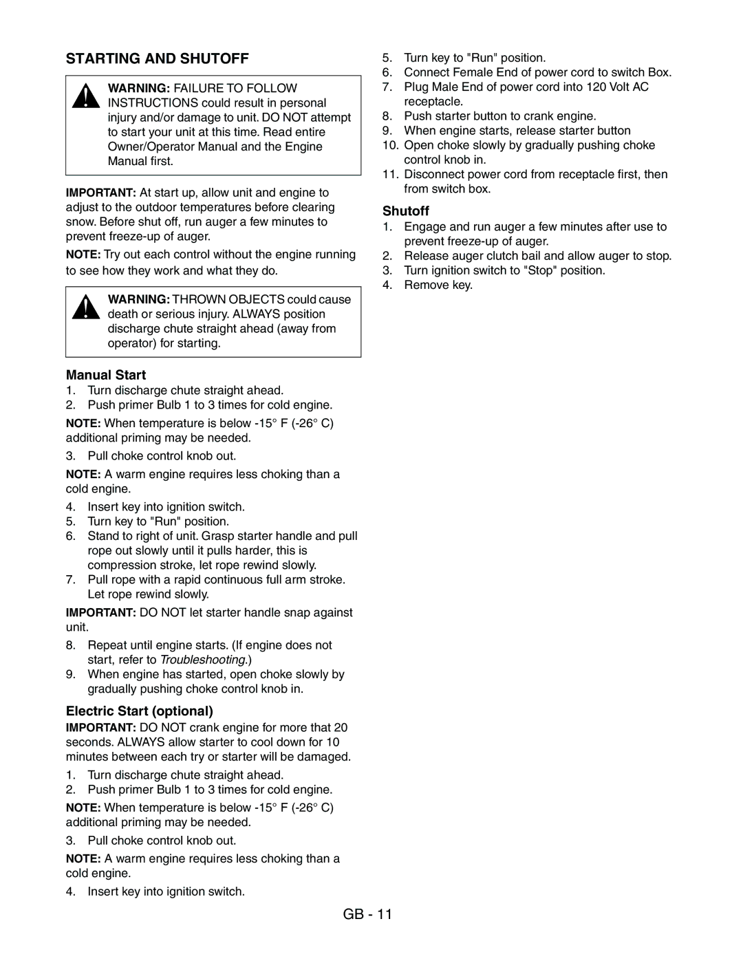 Ariens 938016 - 522 manual Starting and Shutoff, Manual Start, Electric Start optional 