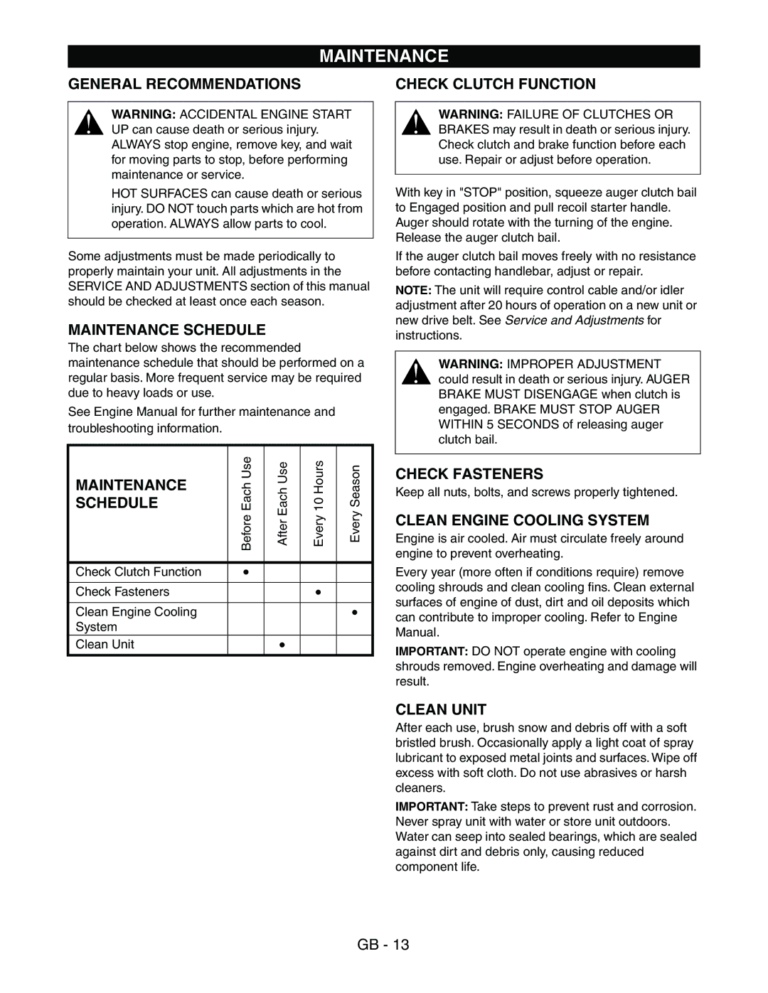 Ariens 938016 - 522 manual Maintenance 