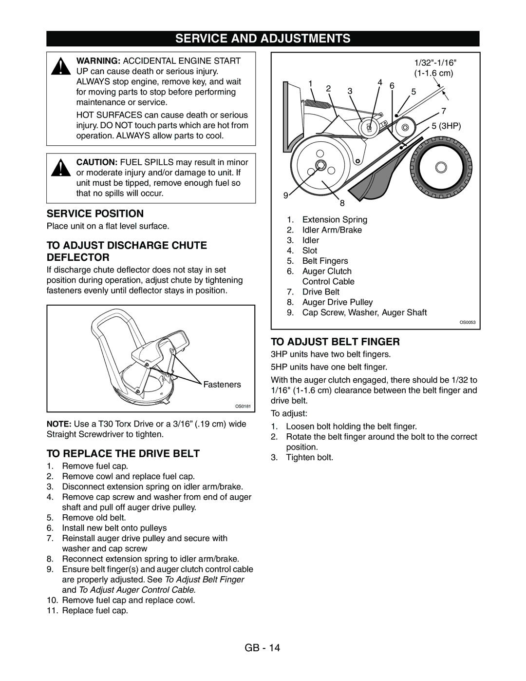 Ariens 938016 - 522 Service and Adjustments, Service Position, To Adjust Discharge Chute Deflector, To Adjust Belt Finger 