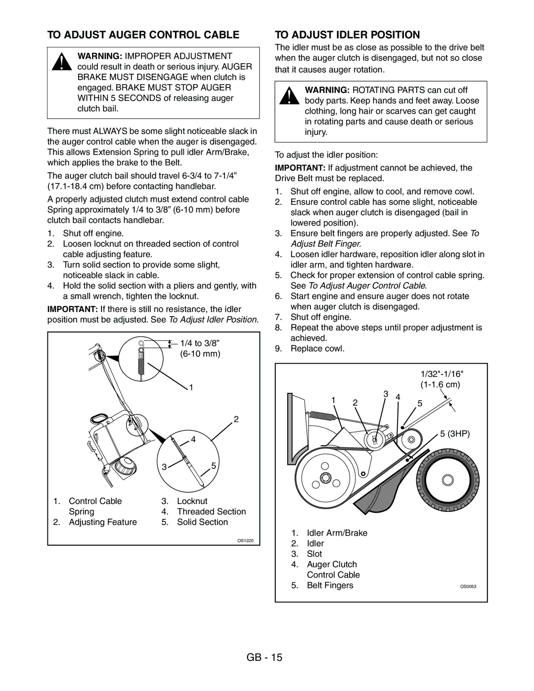 Ariens 938016 - 522 manual To Adjust Auger Control Cable To Adjust Idler Position, Adjust Belt Finger 