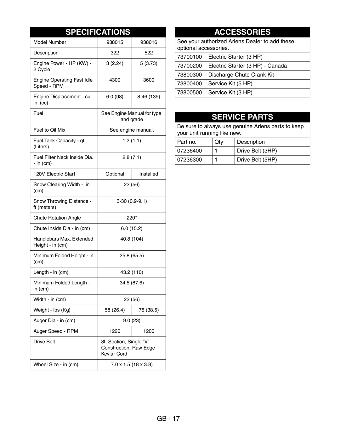 Ariens 938016 - 522 manual Specifications, Accessories, Service Parts 