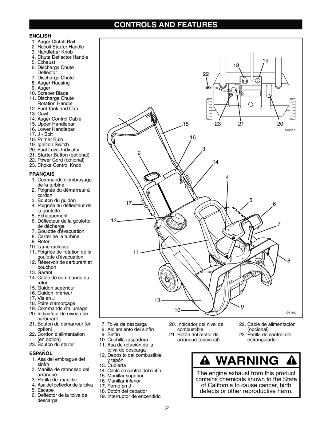 Ariens 938016 - 522 manual Controls and Features, English 