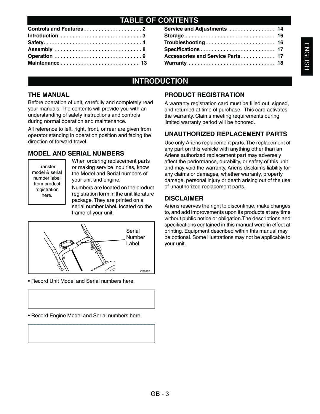 Ariens 938016 - 522 manual Table of Contents, Introduction 