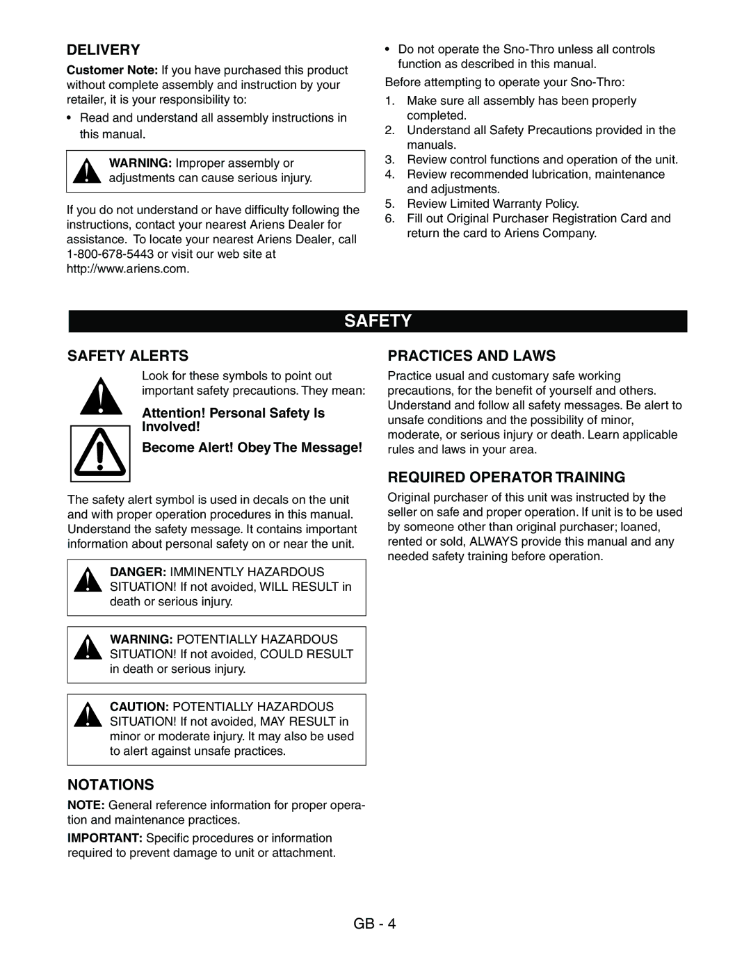 Ariens 938016 - 522 manual Safety 