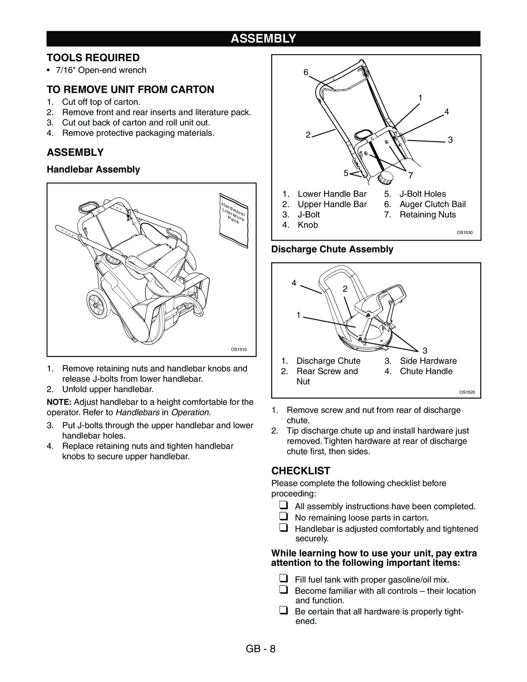 Ariens 938016 - 522 manual Assembly, Tools Required, To Remove Unit from Carton, Checklist 