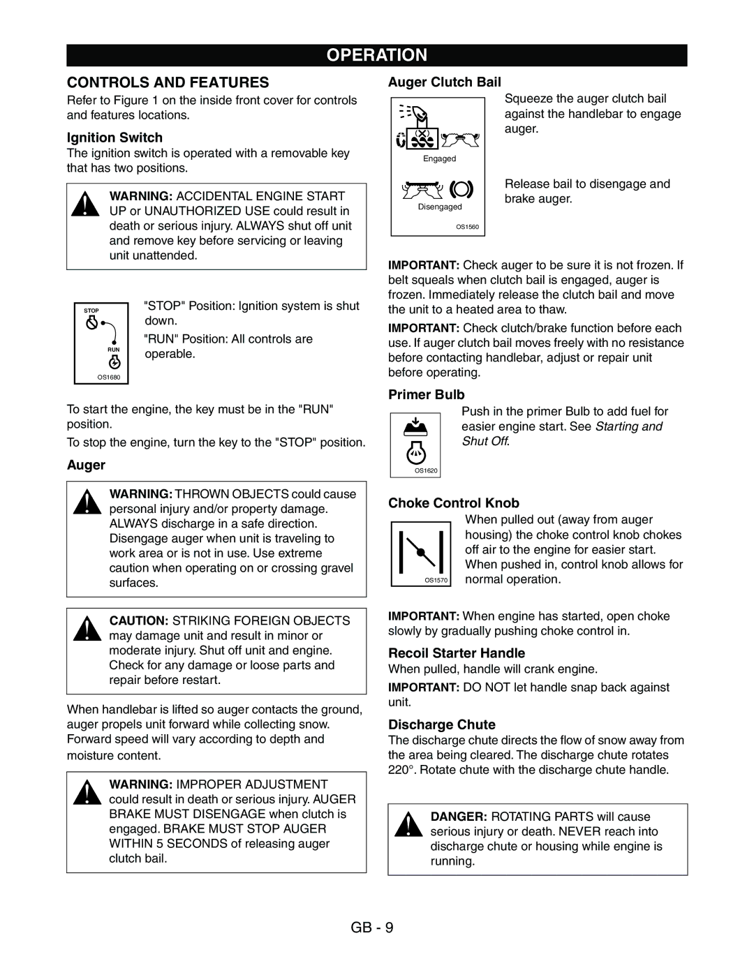 Ariens 938016 - 522 manual Operation, Controls and Features 