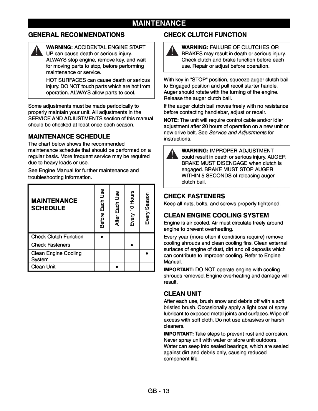 Ariens 938016 - 522 manual General Recommendations, Maintenance Schedule, Check Fasteners, Clean Engine Cooling System 