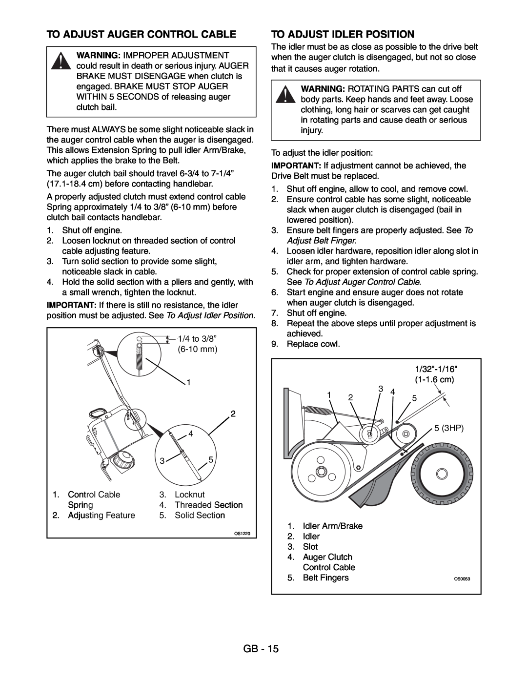 Ariens 938016 - 522 manual To Adjust Auger Control Cable, To Adjust Idler Position, Adjust Belt Finger 