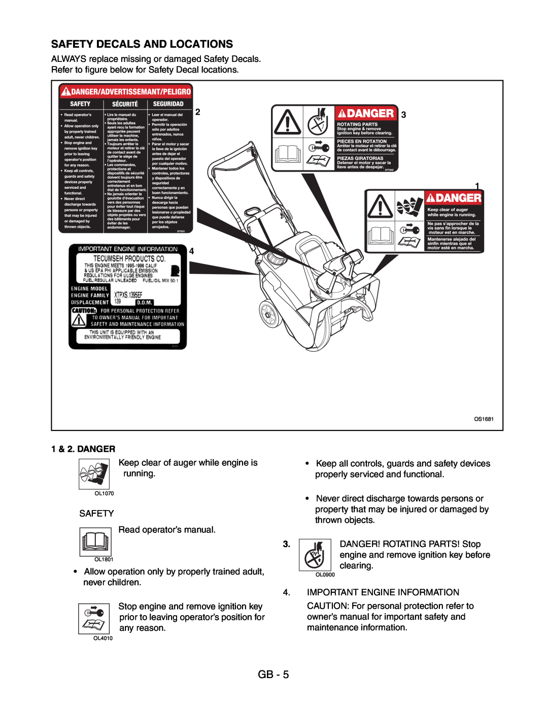Ariens 938016 - 522 manual Safety Decals And Locations, 1 & 2. DANGER 