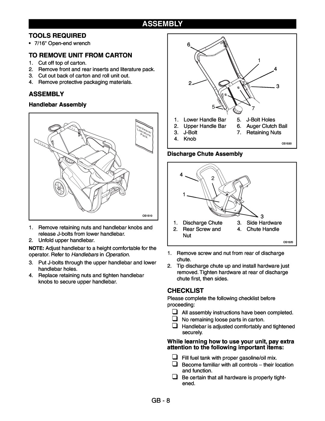 Ariens 938016 - 522 manual Tools Required, To Remove Unit From Carton, Checklist, Handlebar Assembly 