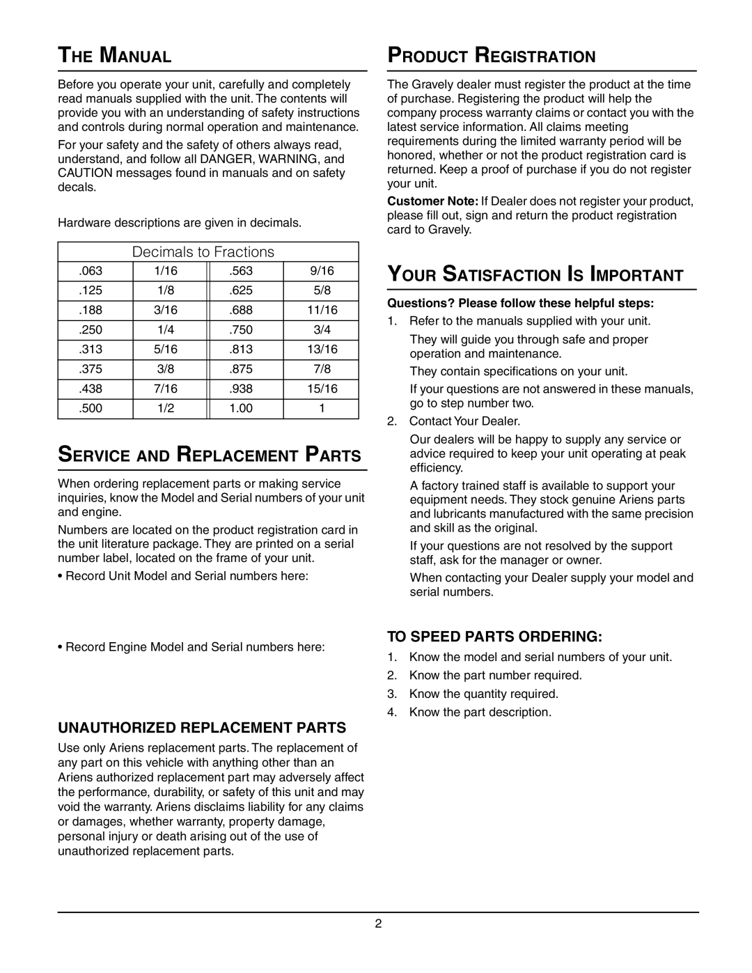 Ariens 938018 - 722 manual Manual, Service and Replacement Parts, Product Registration, Your Satisfaction is Important 