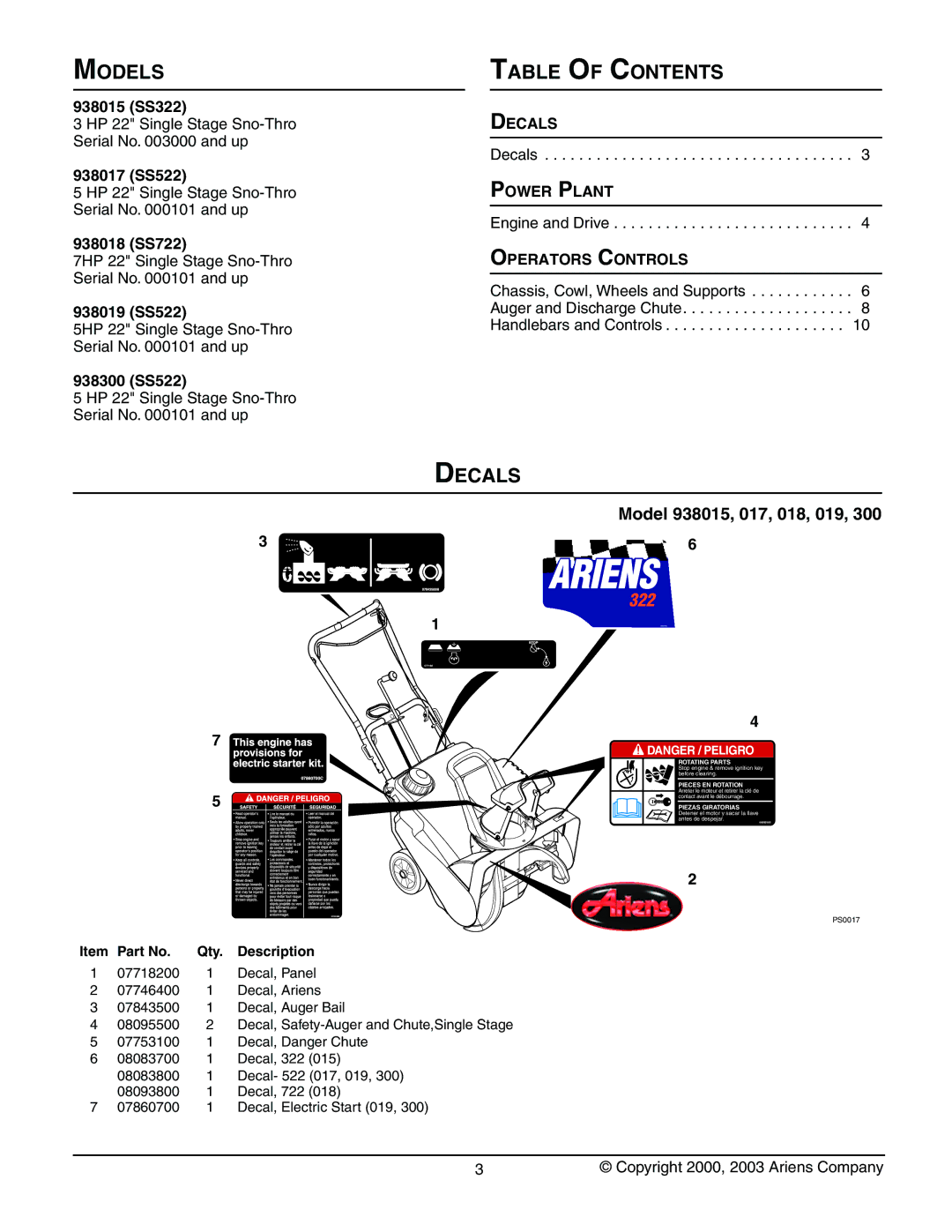 Ariens 938017 - 522, 938300 - 522, 938019 - 522, 938018 - 722, 938015 - 322 manual Models Table of Contents, Decals 