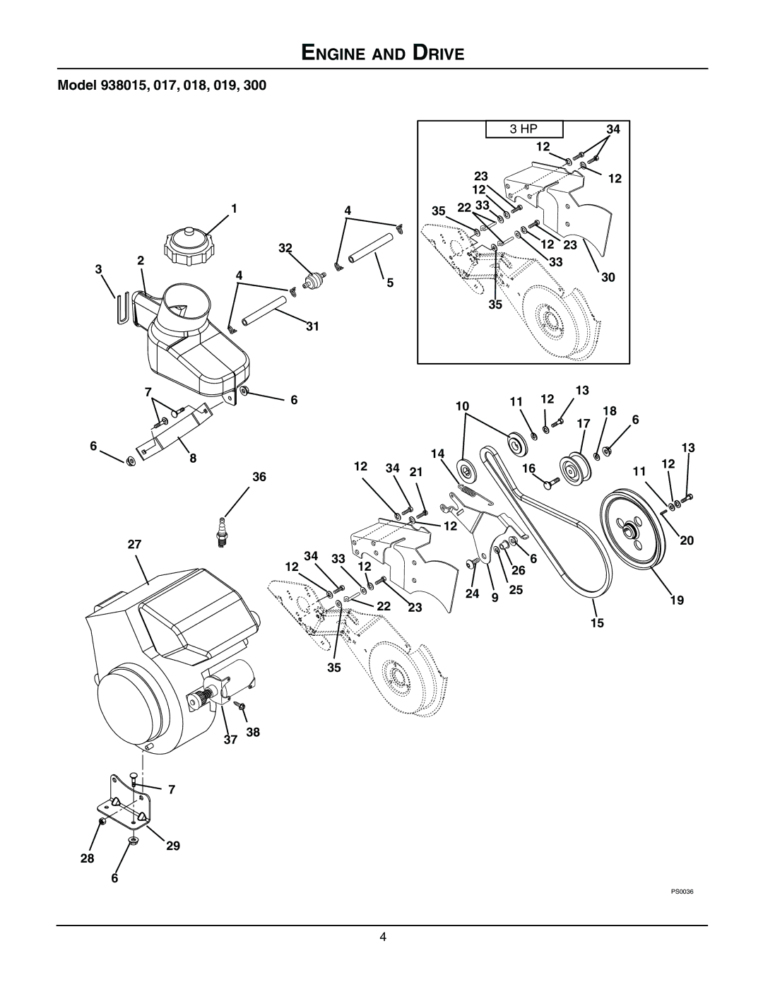 Ariens 938015 - 322, 938300 - 522, 938019 - 522, 938018 - 722, 938017 - 522 manual Engine and Drive 