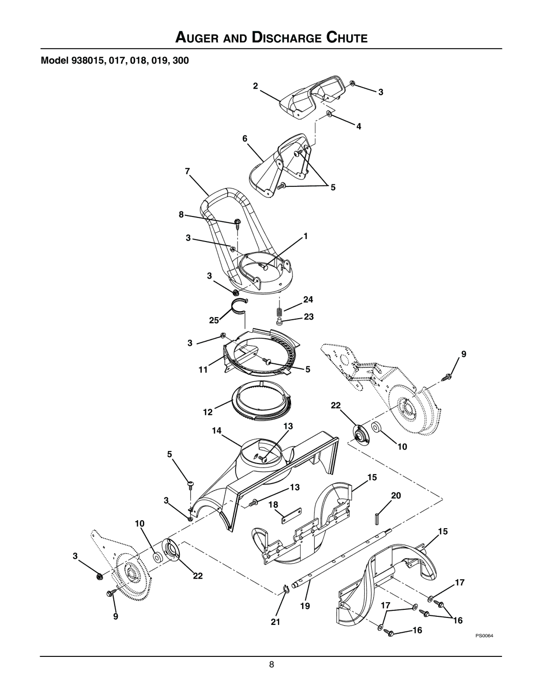 Ariens 938017 - 522, 938300 - 522, 938019 - 522, 938018 - 722, 938015 - 322 manual Auger and Discharge Chute 