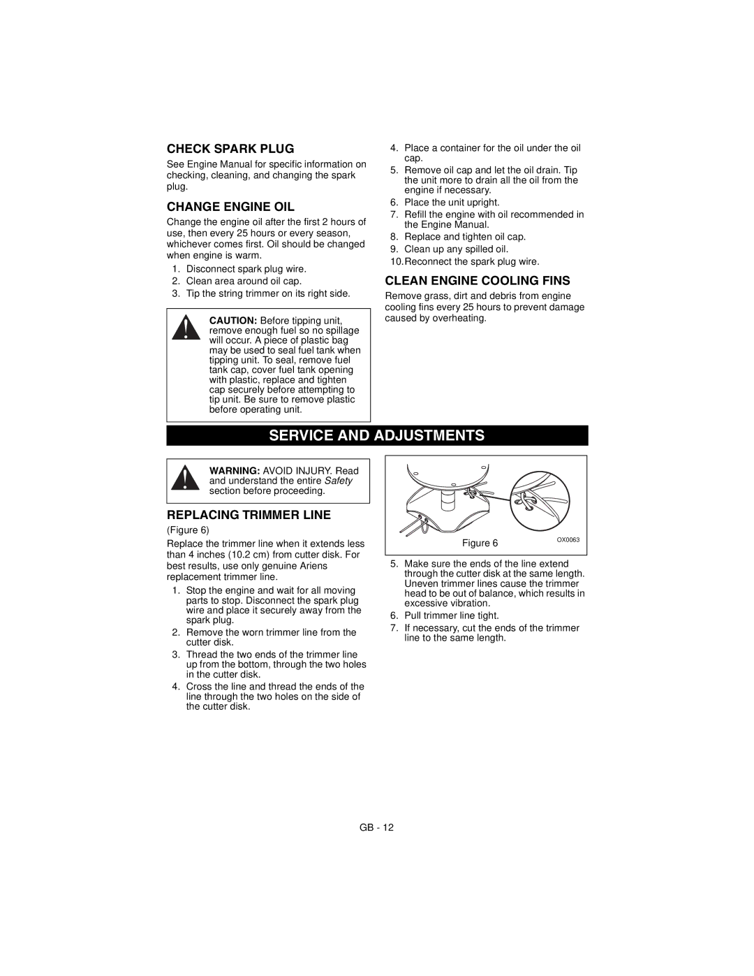 Ariens 946152 manual Service and Adjustments, Check Spark Plug, Change Engine OIL, Clean Engine Cooling Fins 