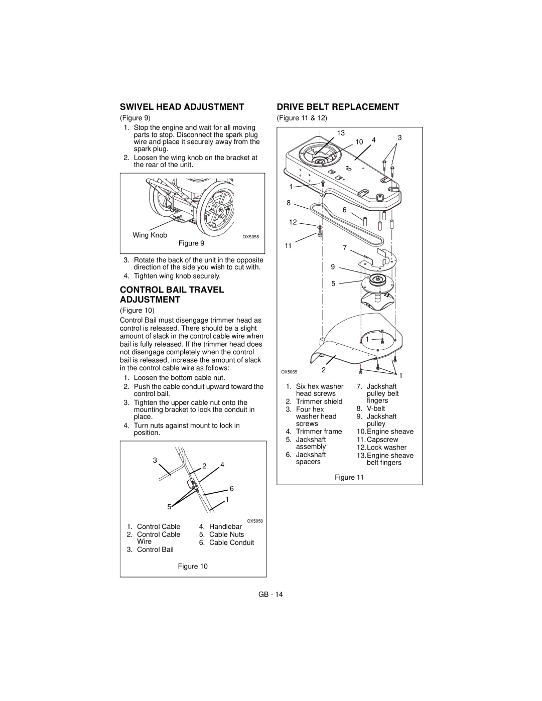 Ariens 946152 manual Swivel Head Adjustment, Control Bail Travel Adjustment, Drive Belt Replacement 