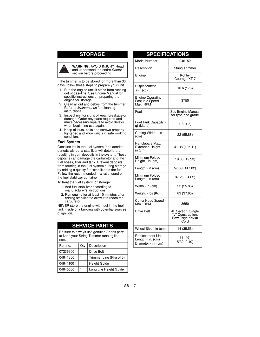 Ariens 946152 manual Storage, Service Parts, Specifications, Fuel System 